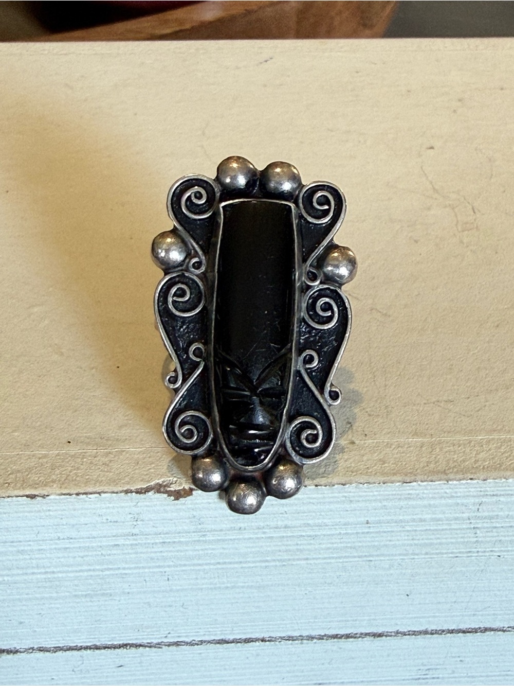 Handcrafted Black Onyx Mask Sterling Ring - Women Accessories Size 7 , 7.5